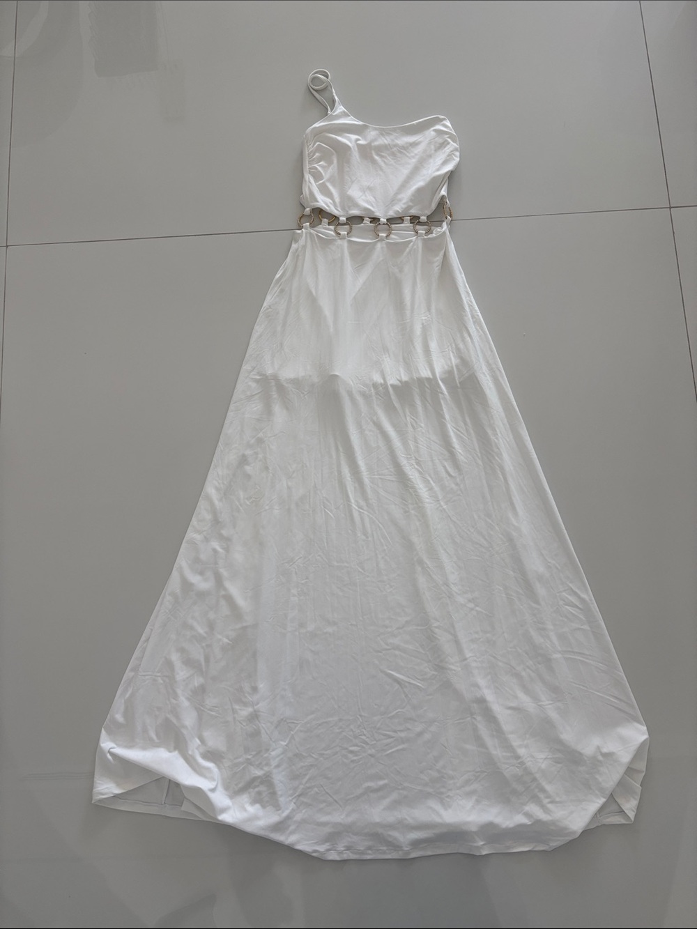 Asymmetric One-Shoulder White Maxi Dress with Ring Waist Detail